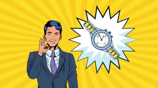 Elegant businessman with speech bubble and fashion accessories pop art style animation — Stock Video