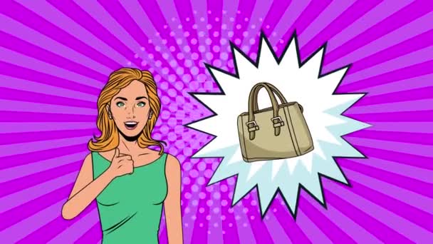 Jeune femme sexy avec accessoires de mode pop art style animation — Video