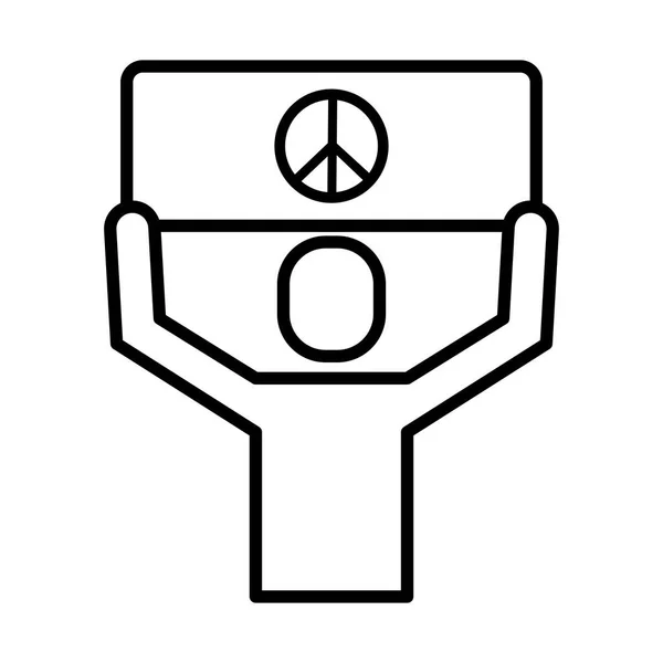 Hombre protestando con bandera paz y amor signo línea estilo icono — Vector de stock