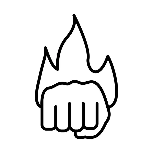 Hand human fist protesting with fire flame line style icon — Stock Vector