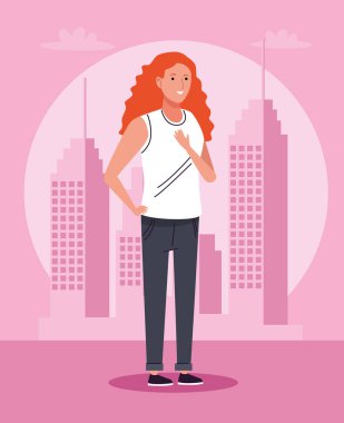 Şehir karakteri üzerinde duran turist kadın.