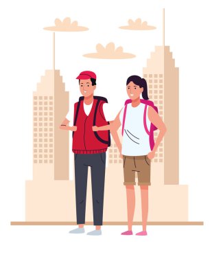 Şehir karakterlerinde seyahat çantalı turistler