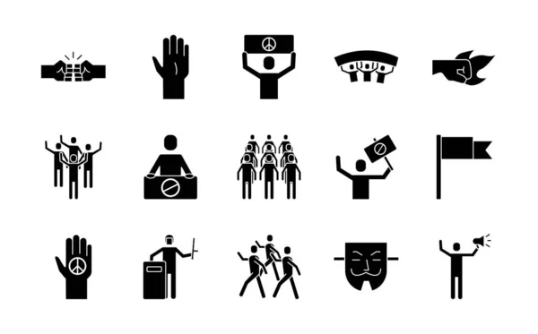 Paquete de quince iconos conjunto de protesta — Archivo Imágenes Vectoriales