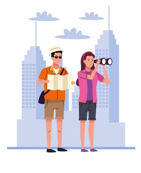 游客与双筒望远镜和关于城市人物的纸质地图相结合 — 图库矢量图片