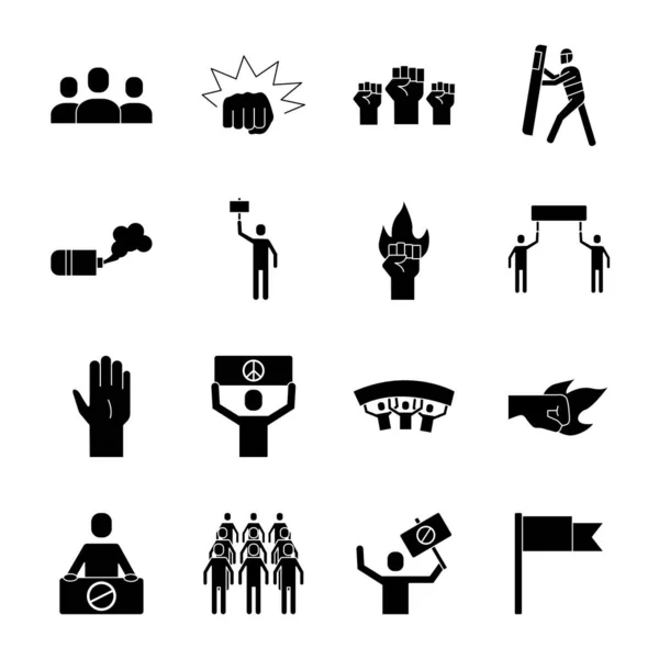 Bundel van zestien protest set collectie pictogrammen — Stockvector