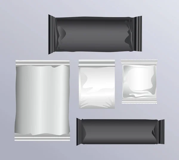 Emballages gris et noir sacs et sachets produits icônes — Image vectorielle