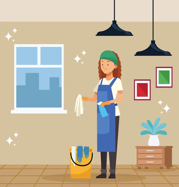 Femme de ménage travailleur avec seau plus propre — Image vectorielle