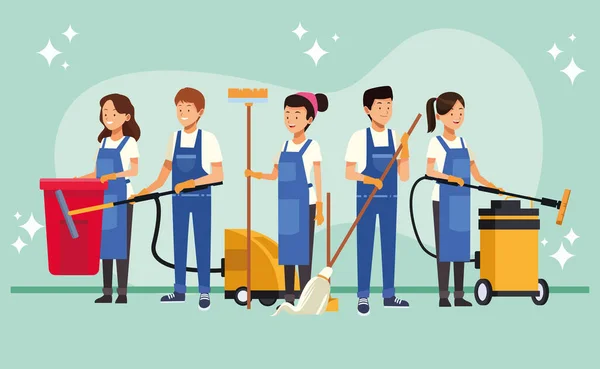 Trabajadoras del equipo de limpieza con herramientas de equipo — Vector de stock