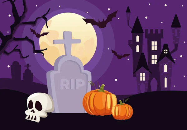 Carte d'Halloween heureuse avec crâne et citrouille dans la scène du cimetière — Image vectorielle