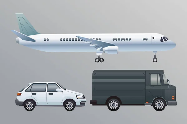 Avion blanc et voiture avec des véhicules de transport van — Image vectorielle