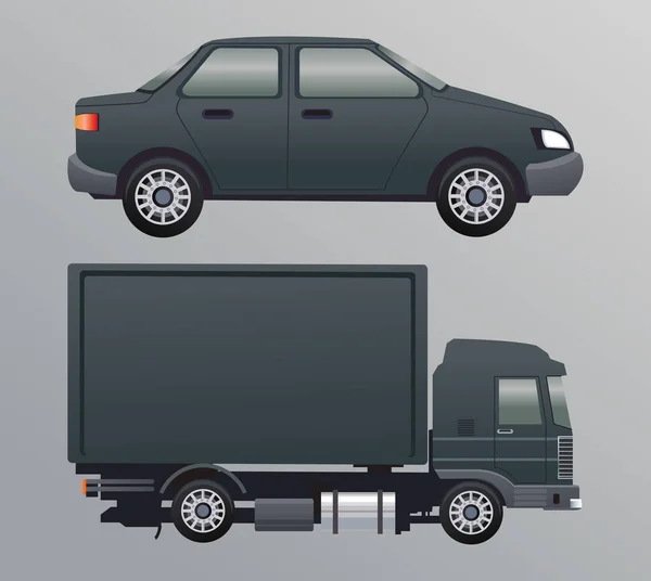 Camión negro y vehículos de la marca de coches estilo de maqueta — Archivo Imágenes Vectoriales