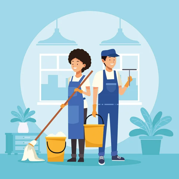 Ménage couple travailleurs avec serpillière et seau — Image vectorielle