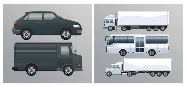 Bus et camions avec des véhicules de marque de style maquette — Image vectorielle