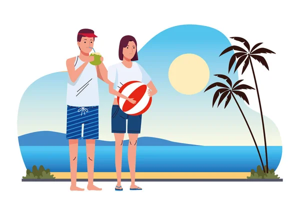 해변에서 코코넛 칵테일과 풍선이 달린 수영복을 입고 있는 젊은 부부 — 스톡 벡터