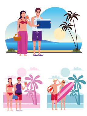 Plaj karakterlerinde mayo giyen insanlar.