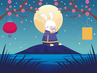 Sonbahar ortası kutlama kartı, tavşan ve dolunay sahnesi.