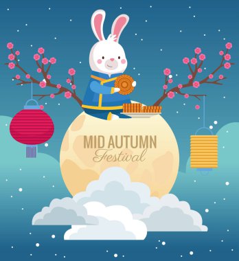 Sonbahar ortası kutlama kartı ve dolunayda tavşan.