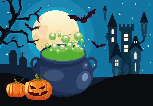 Carte d'Halloween heureuse avec chaudron et citrouilles scène — Image vectorielle