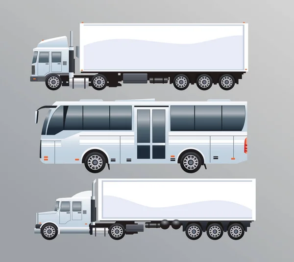 Autobuses blancos y camiones vehículos de transporte público — Archivo Imágenes Vectoriales