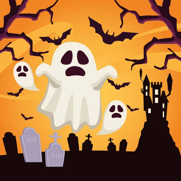 Šťastná halloween karta s duchy plovoucí na hřbitově — Stockový vektor
