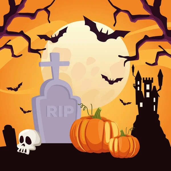 Joyeuse carte d'Halloween avec crâne et citrouille dans le cimetière — Image vectorielle