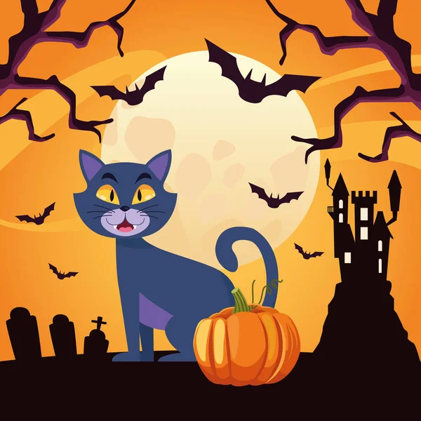 Tarjeta de Halloween feliz con el gato y la calabaza en el castillo — Archivo Imágenes Vectoriales