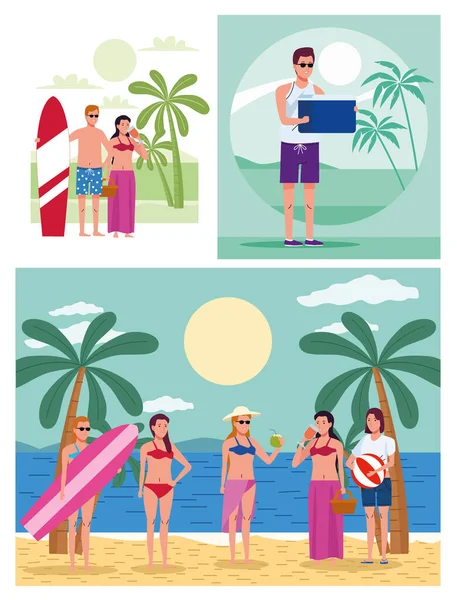 Jóvenes con trajes de baño en la playa personajes set escenas — Archivo Imágenes Vectoriales