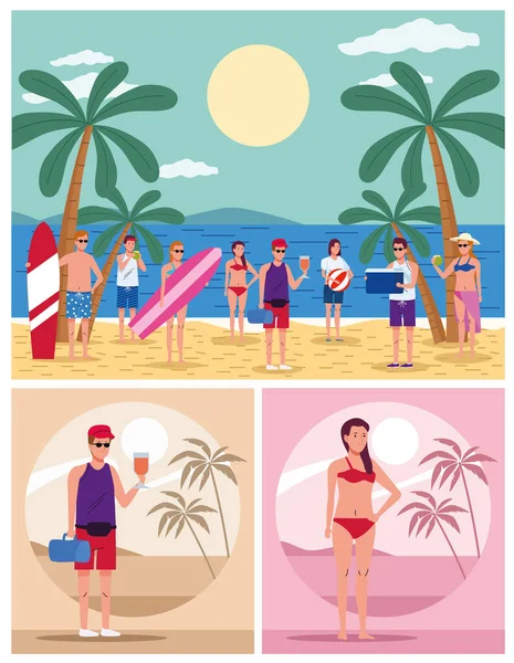 Jóvenes con trajes de baño en las escenas de personajes de la playa — Archivo Imágenes Vectoriales