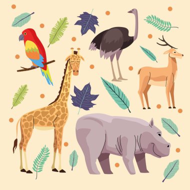 Bir grup vahşi hayvan grubu ve yaprak sahnesi