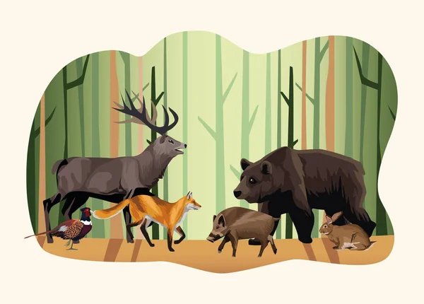 Group of animals in the forest scene — Stock Vector