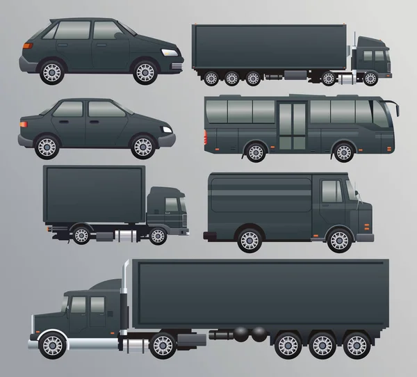 Paquet de véhicules de transport noirs ensemble icônes — Image vectorielle