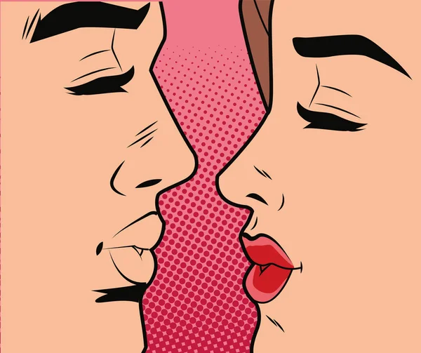 Genç çift öpüşen karakterler pop sanatı tarzında — Stok Vektör