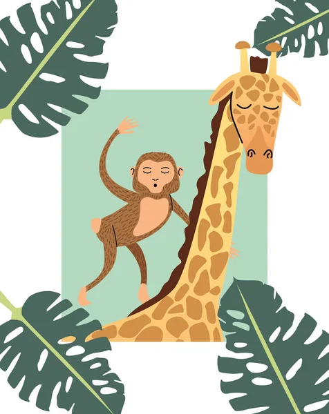 Monkey and giraffe animal wild with leafs — Stock Vector