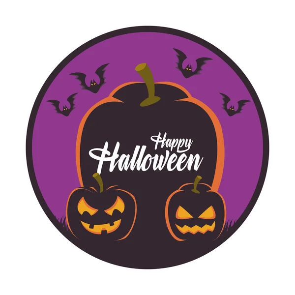 Feliz tarjeta de Halloween con calabazas y murciélagos volando escena — Vector de stock