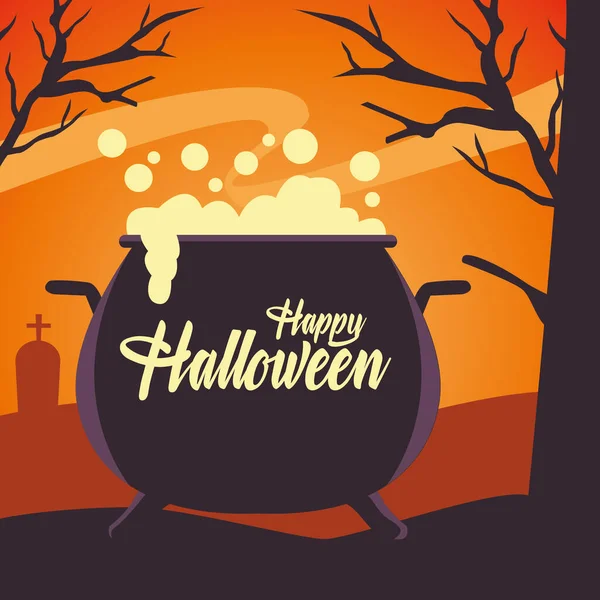 Cartão de Halloween feliz com caldeirão bruxa no cemitério — Vetor de Stock