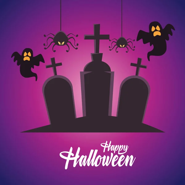 Счастливая открытка на Хэллоуин с призраками и пауками на кладбище — стоковый вектор