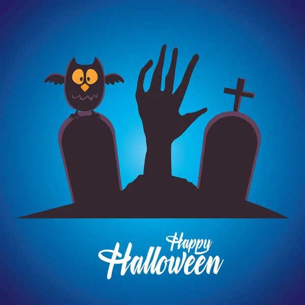 Happy-Halloween-Karte mit Handtod und Eule auf Friedhof — Stockvektor