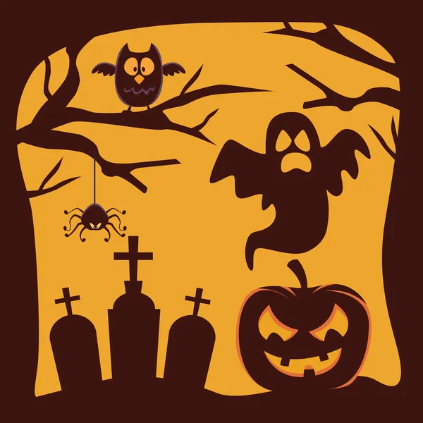 Glad halloween kort med pumpa och spöken flyter på kyrkogården — Stock vektor