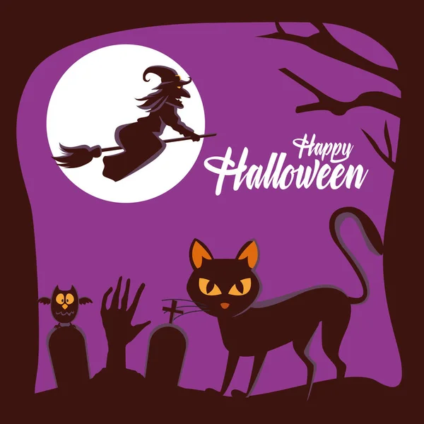 Feliz tarjeta de Halloween con bruja volando en escoba y gato en el cementerio — Vector de stock