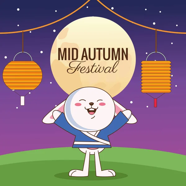 Cartão de celebração meados do outono com pouco coelho e lua — Vetor de Stock