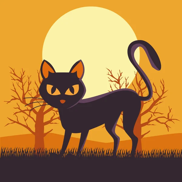 Gelukkig halloween kaart met zwart kat scene — Stockvector