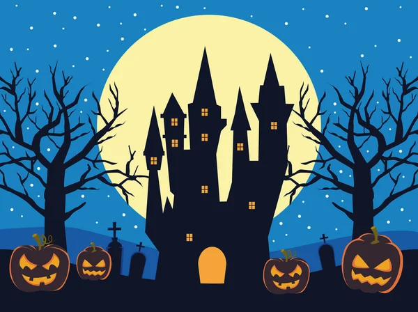 Cartão de Halloween feliz com castelo assombrado e abóboras —  Vetores de Stock