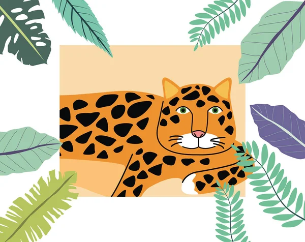 Άγρια λεοπάρδαλη με φύλλα σκηνή — Διανυσματικό Αρχείο
