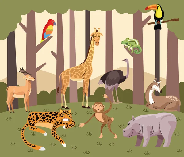 Grupa dzikich zwierząt na scenie leśnej — Wektor stockowy
