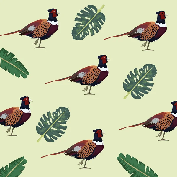 Wild pheasants birds farm and leafs pattern — Stock Vector