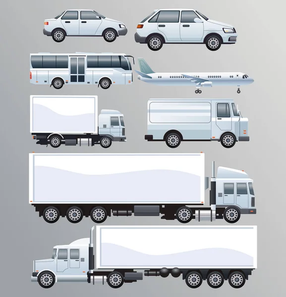 Paquete de vehículos de transporte blanco establecer iconos — Vector de stock