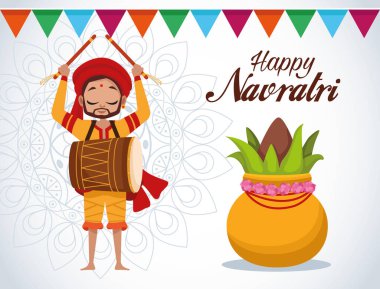 Mutlu Navratri kutlama kartları Davul ve bitki çalan adamla