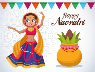 Mutlu Navratri kutlama kartları, dans eden güzel kadınlarla dolu.