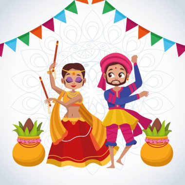 Mutlu Navratri kutlama kartları Dans eden çiftler ve çelenkler