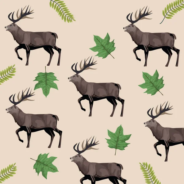 Dzikie zwierzęta reniferów i wzór liści — Wektor stockowy